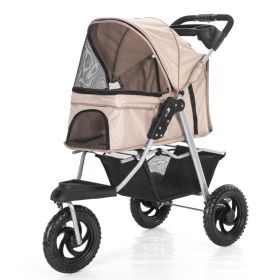 Three Wheel Folding Pet Stroller, Dog Jogger Travel Carrier Adjustable Canopy Storage Brake Mesh Window (Color: Beige)