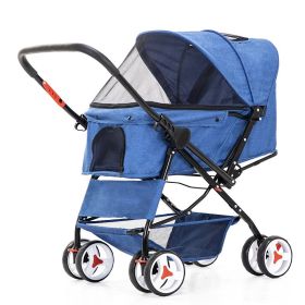 Four Wheel Folding Pet Stroller, Dog Jogger Travel Carrier Adjustable Canopy Storage Brake Mesh Window (Color: Blue)
