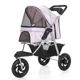 Three Wheel Folding Pet Stroller, Dog Jogger Travel Carrier Adjustable Canopy Storage Brake Mesh Window (Color: lavender)